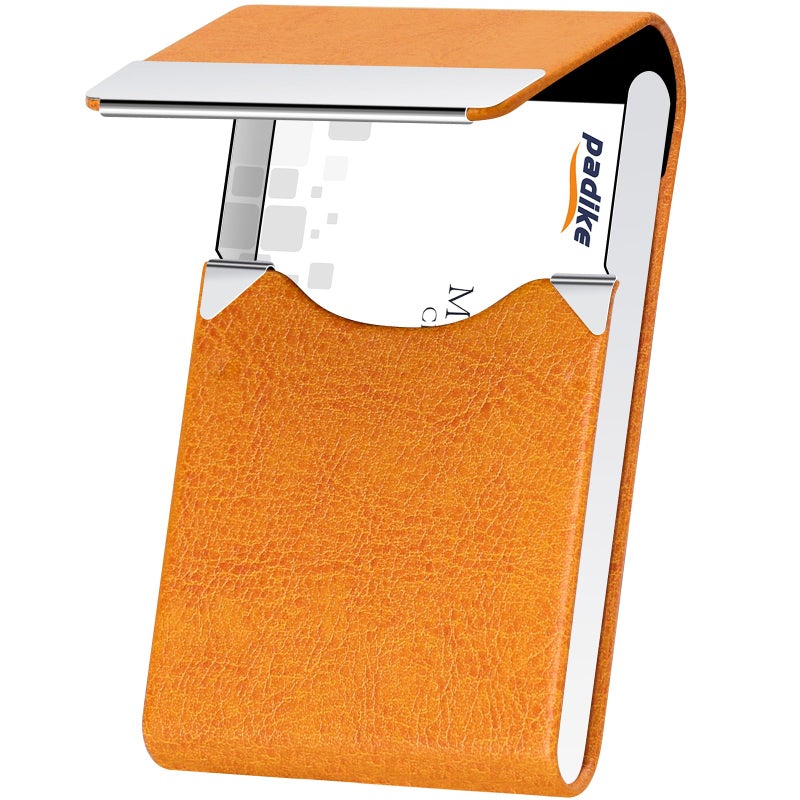 Padike Professional Business Card Holder PU Leather Business Card Case Name Card Holder Slim Metal Pocket Card Holder with Magnetic Shut (Z-Orange) - Image 1